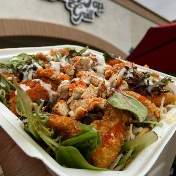 A Blacktop Grill street food bowl with crispy chicken, greens, and white sauce.